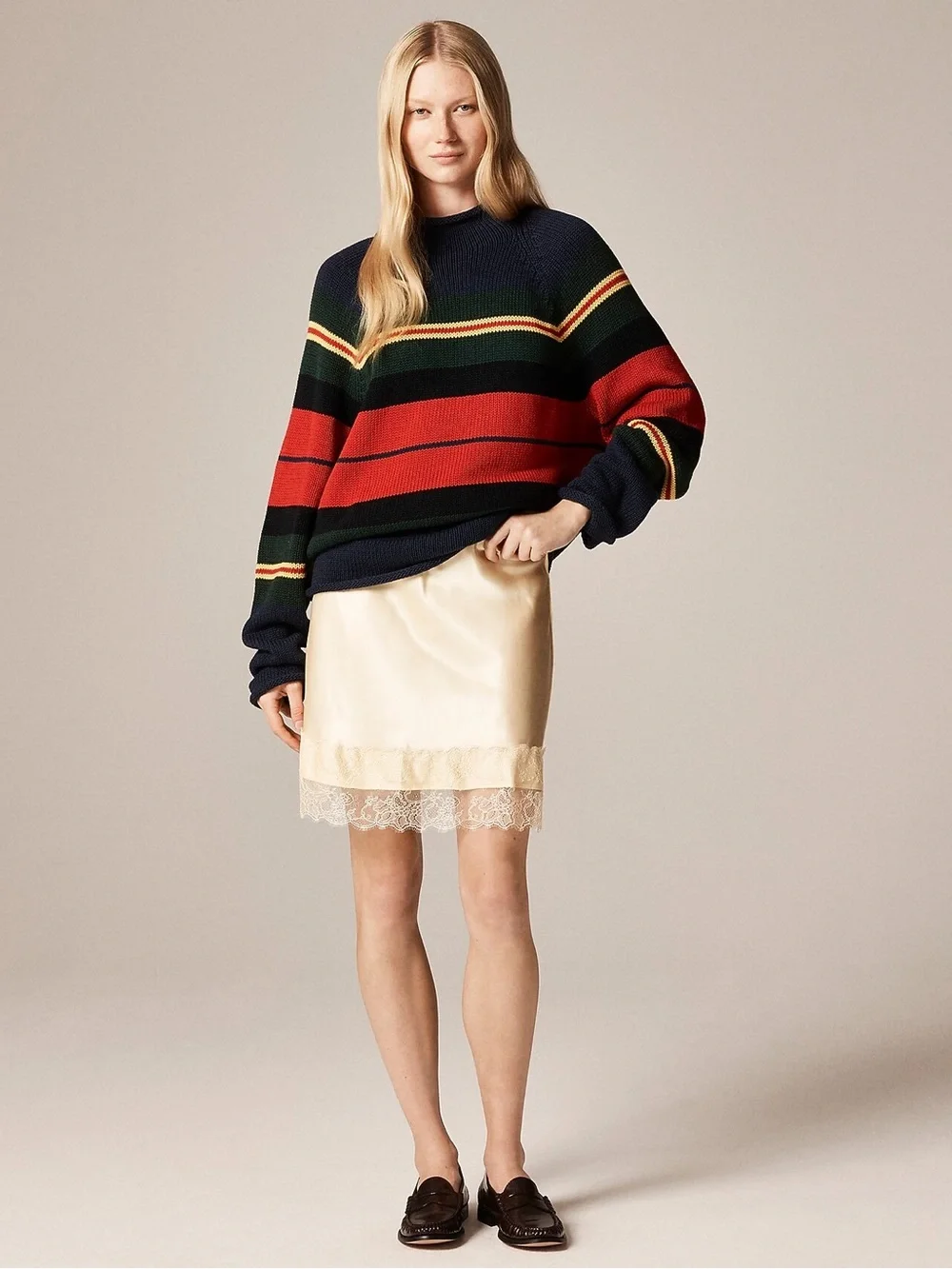 J.Crew Size L 1988 Rollneck™ Sweater in Cotton Rugby Stripe Navy Multi